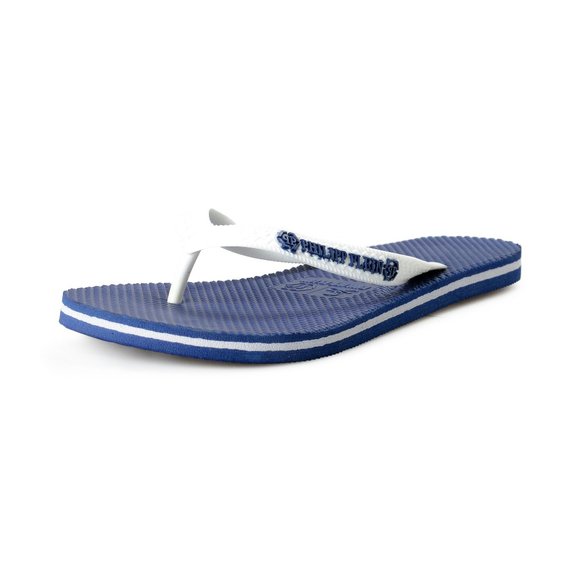 Philipp Plein Men\'s Navy/White Rubber Logo Print Flip Flops Shoes
